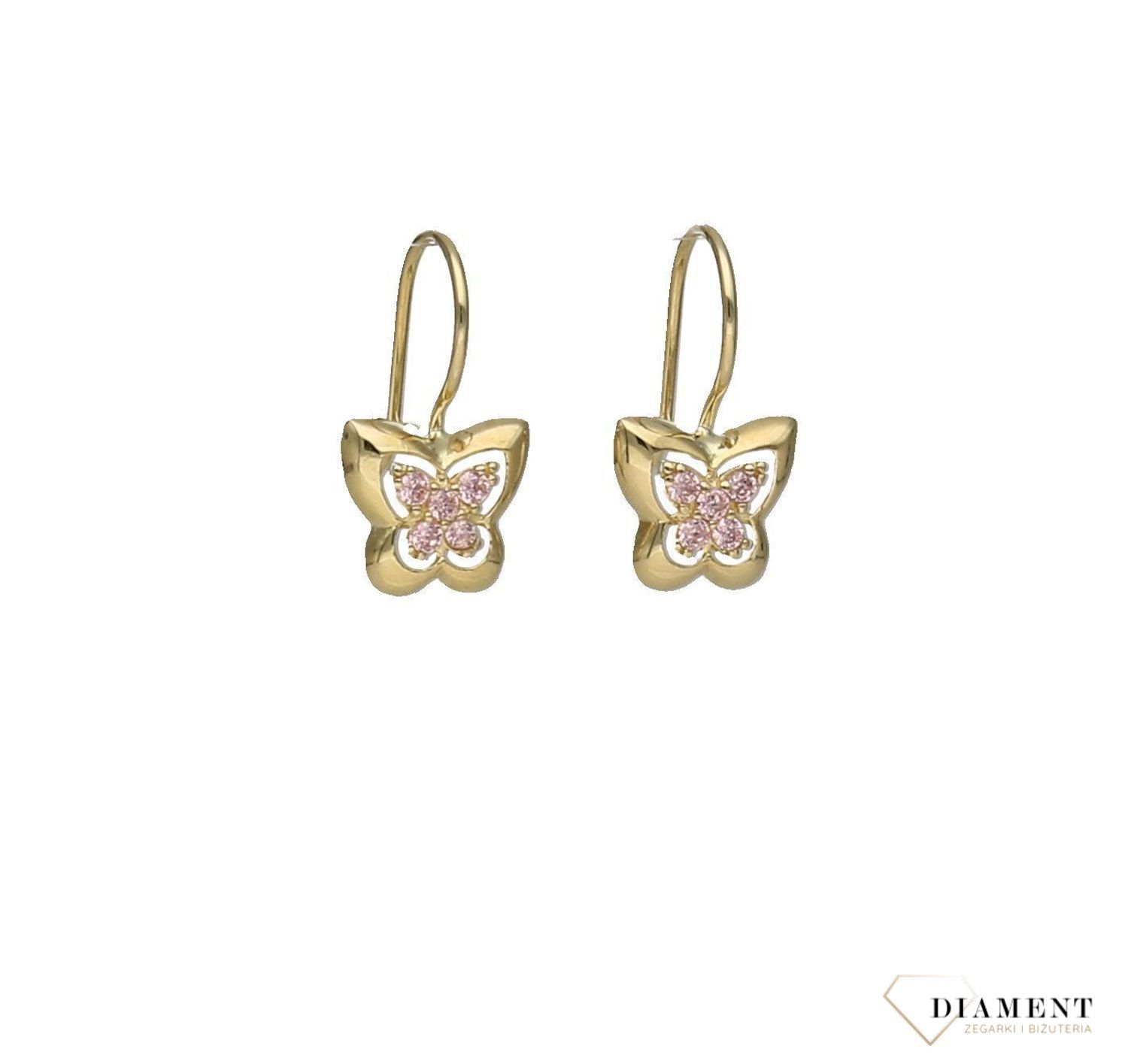 Piękne złote kolczyki idealne na prezent dla małej dziewczynki. Kolczyki w kształcie motylka zapinane na bigiel. Świetny pomysł na prezent..jpg